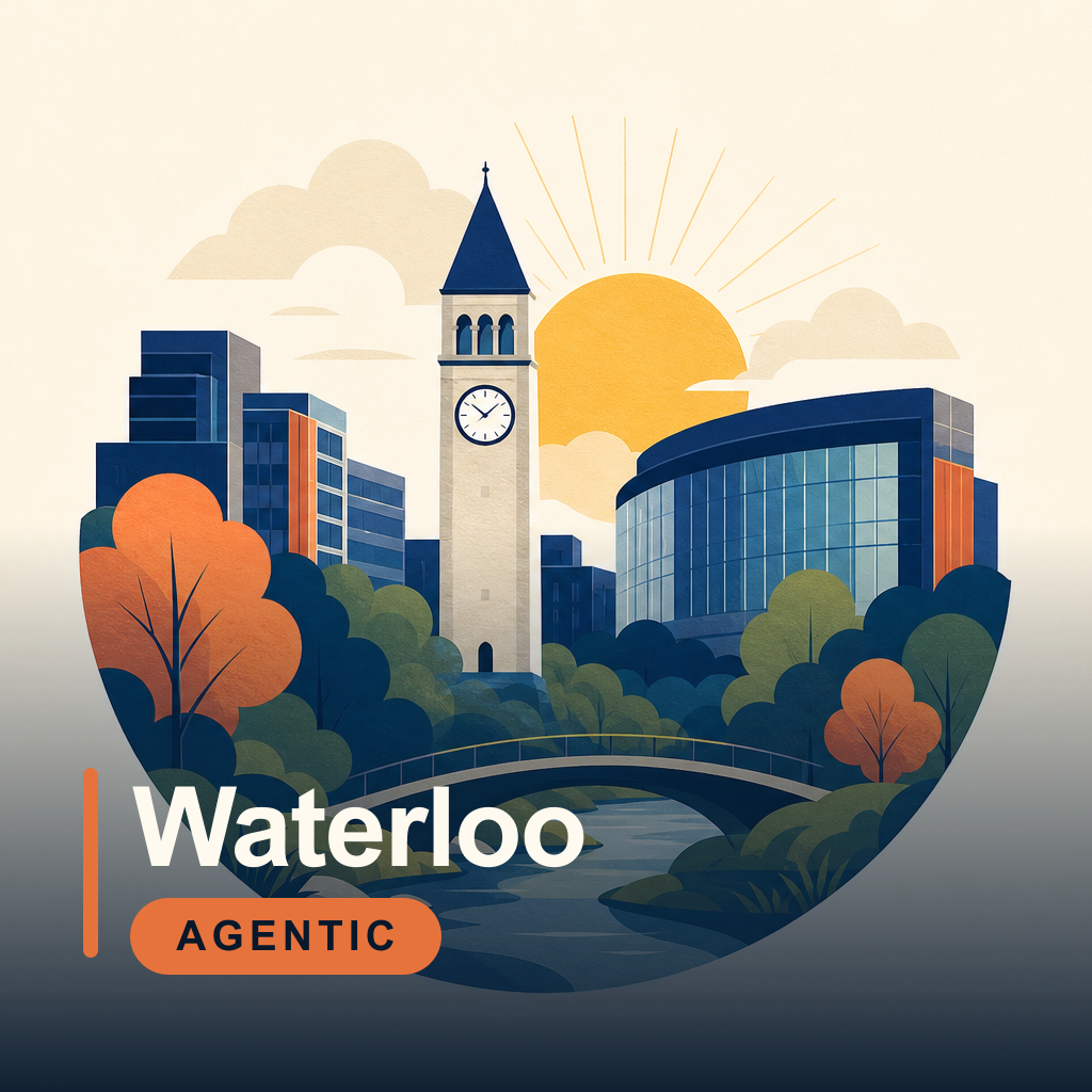 Illustrated view of downtown Waterloo with the clock tower, riverside bridge, and evening sun.